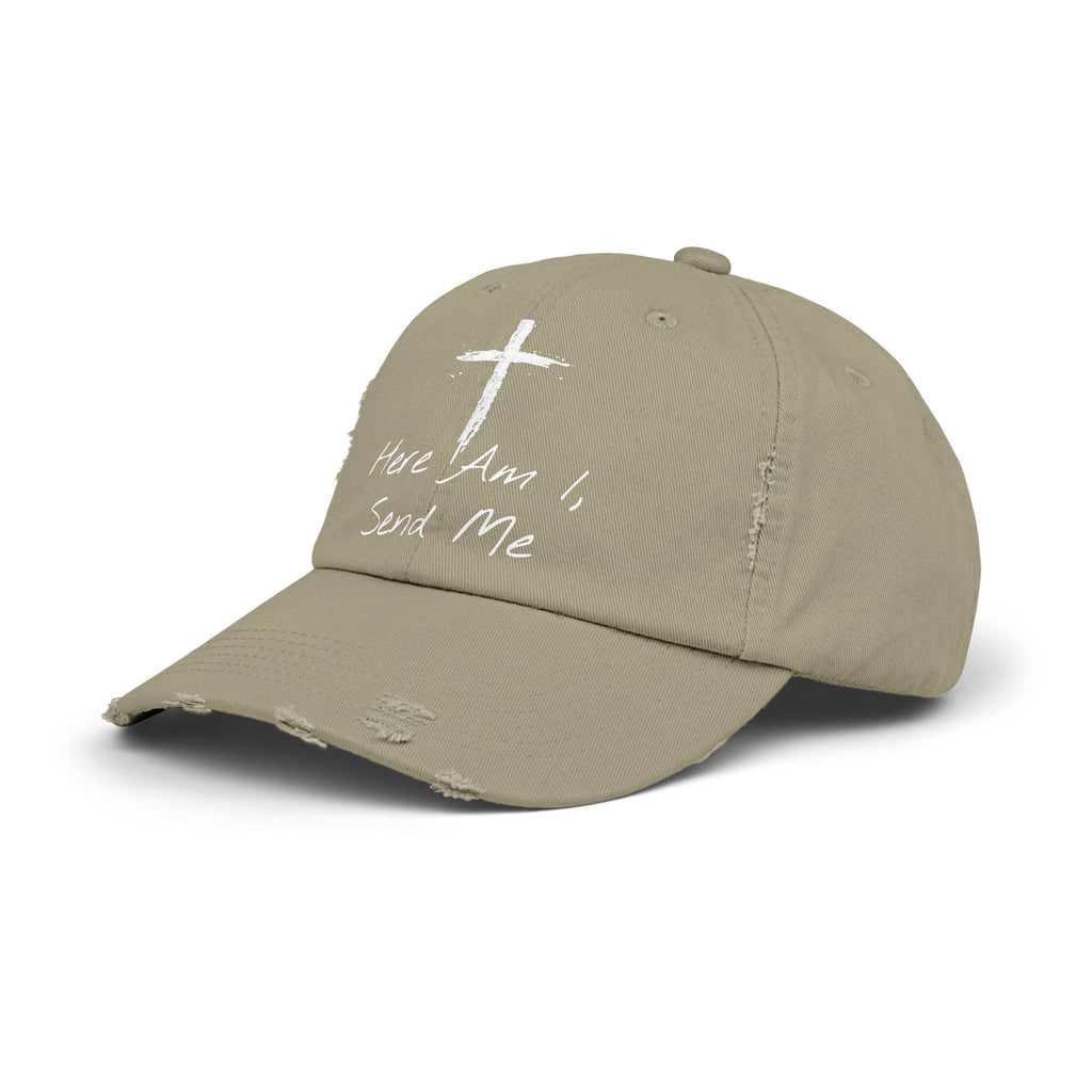 Faith-Themed Unisex Distressed Cap - Here Am I, Send Me Hat, Christian Hat, Casual Style, Inspirational Gift, Everyday Wear