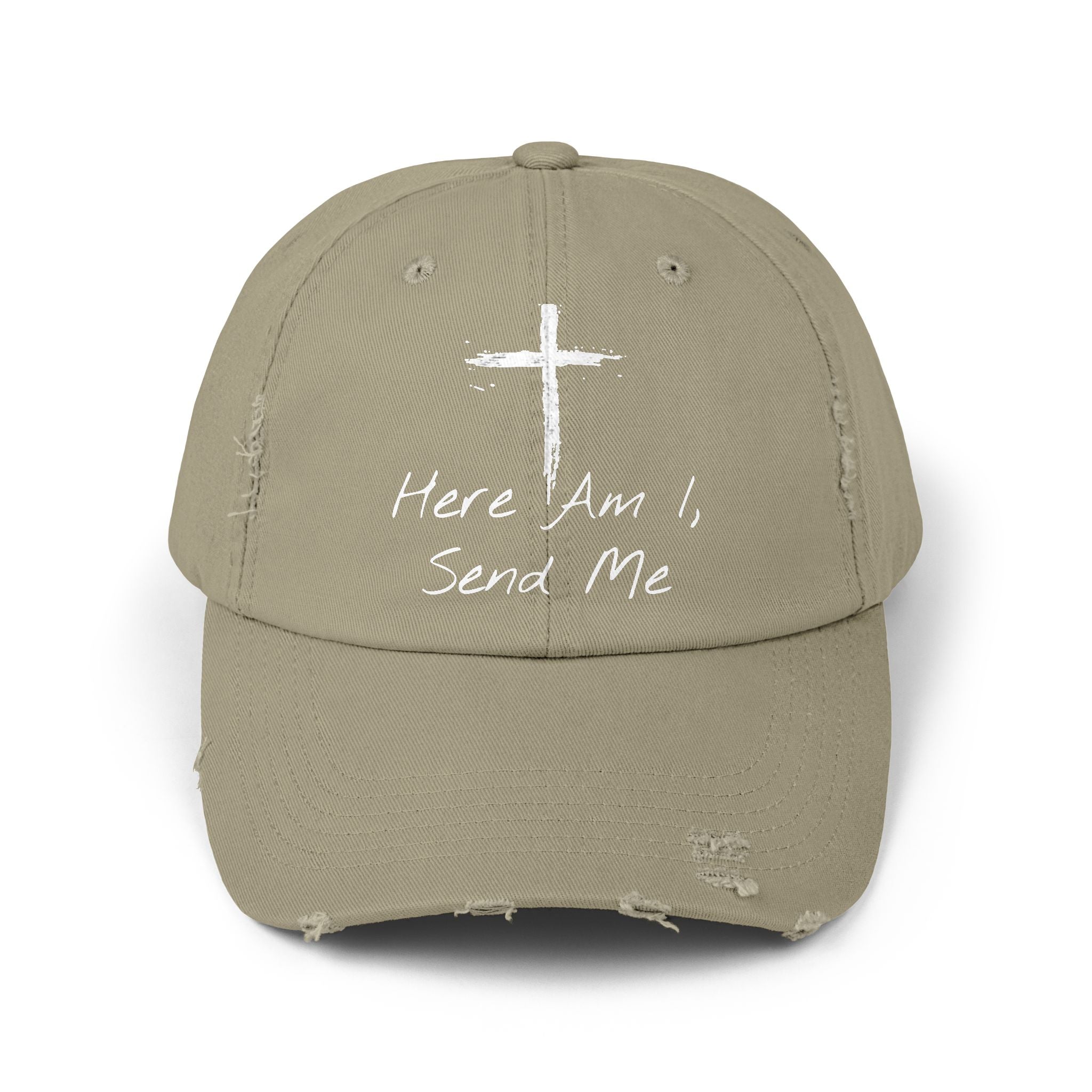 Faith-Themed Unisex Distressed Cap - Here Am I, Send Me Hat, Christian Hat, Casual Style, Inspirational Gift, Everyday Wear