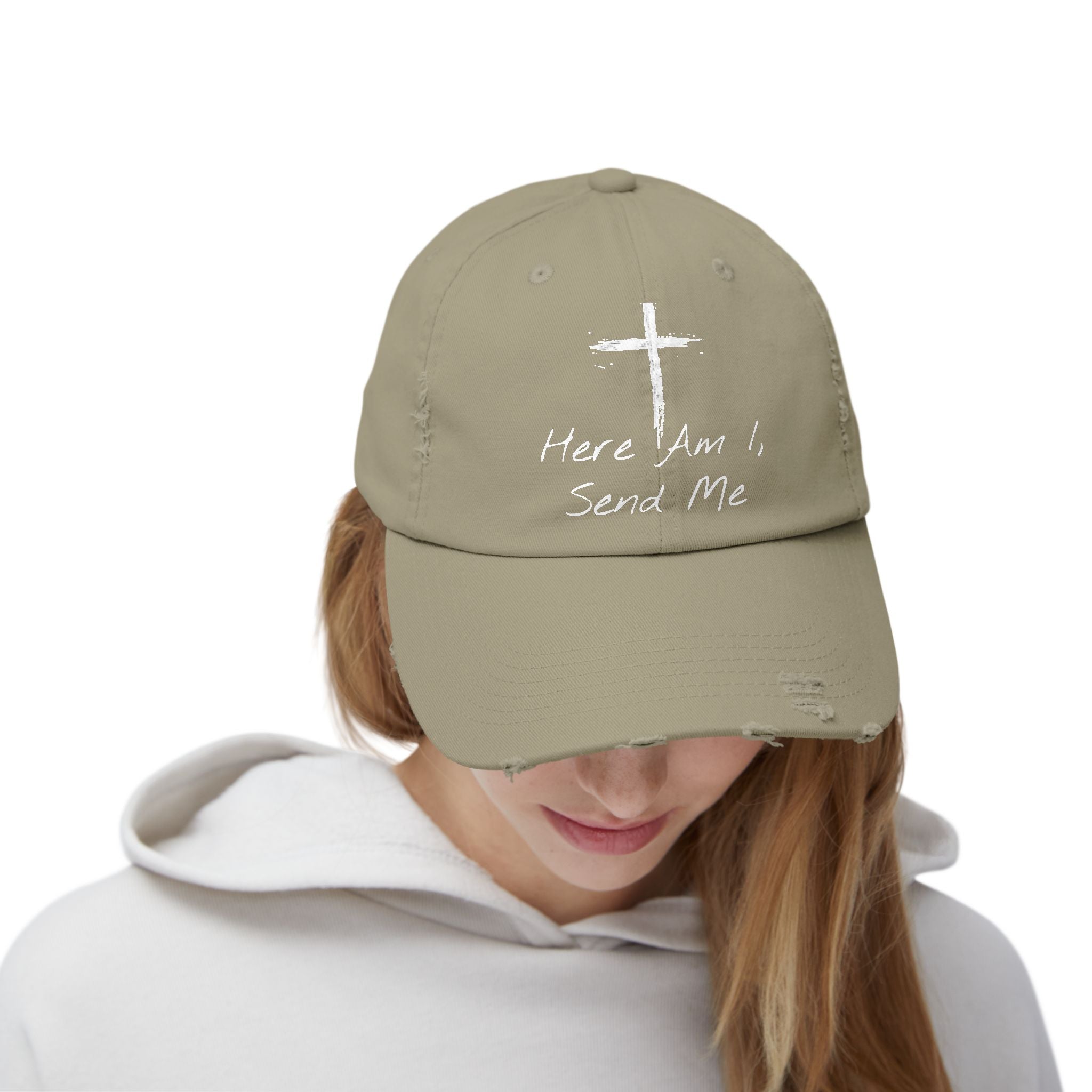 Faith-Themed Unisex Distressed Cap - Here Am I, Send Me Hat, Christian Hat, Casual Style, Inspirational Gift, Everyday Wear