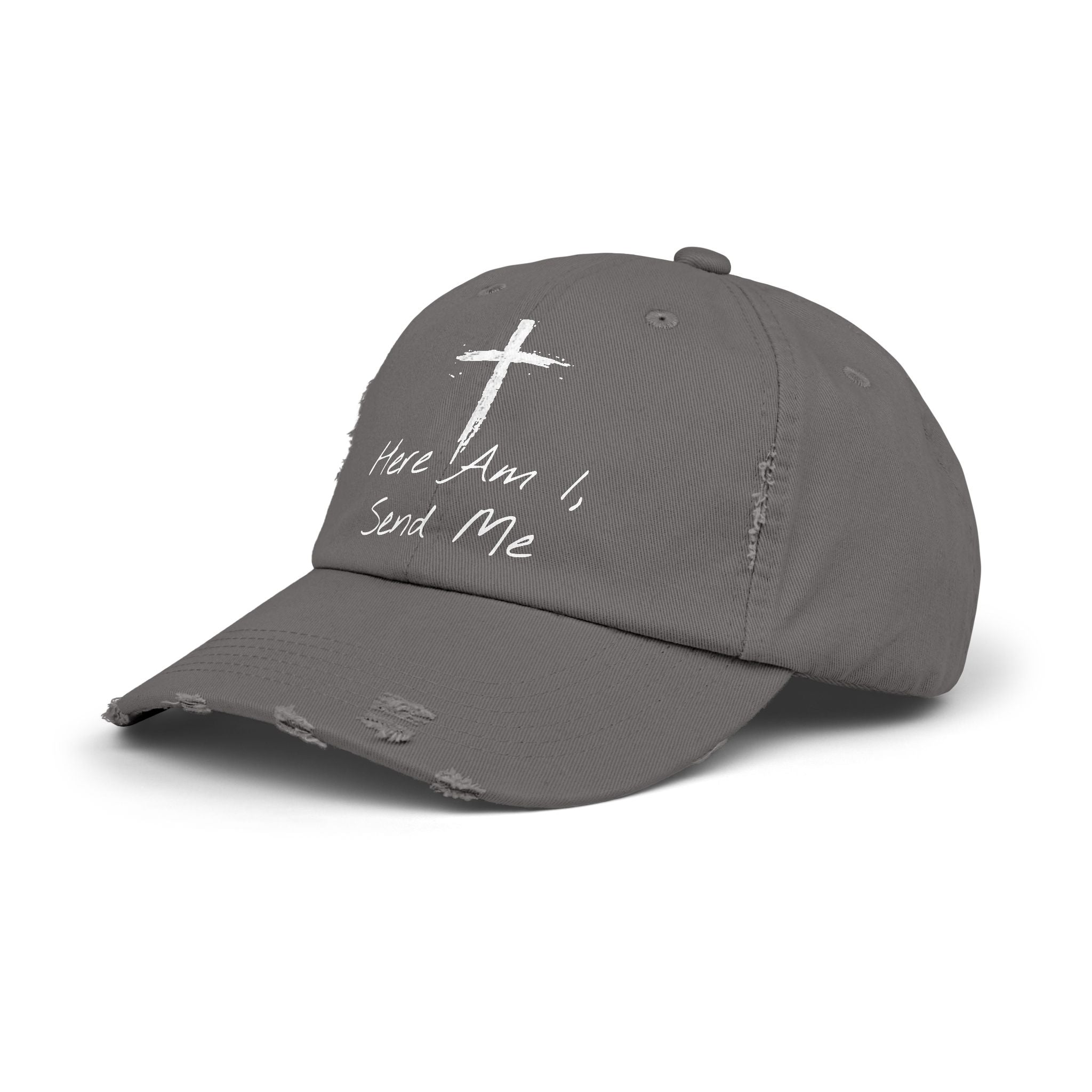Faith-Themed Unisex Distressed Cap - Here Am I, Send Me Hat, Christian Hat, Casual Style, Inspirational Gift, Everyday Wear