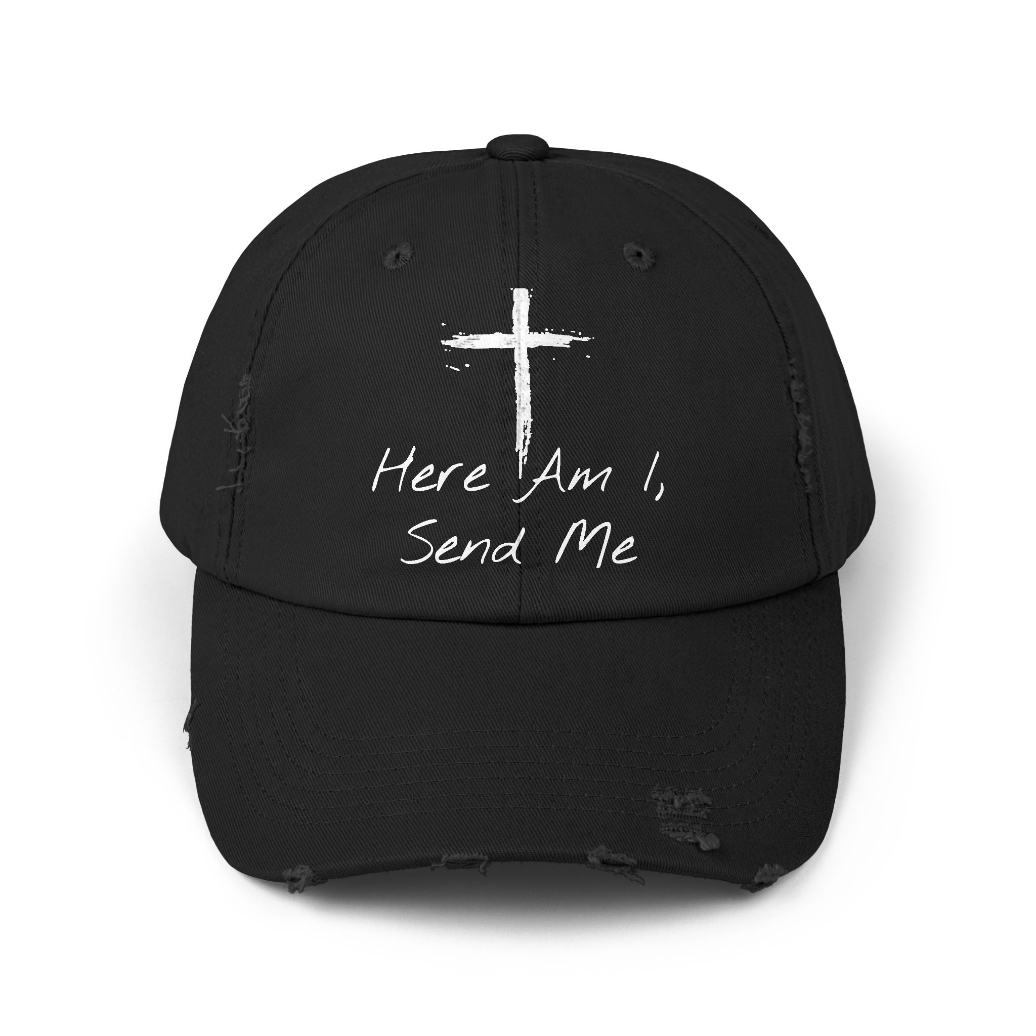 Faith-Themed Unisex Distressed Cap - Here Am I, Send Me Hat, Christian Hat, Casual Style, Inspirational Gift, Everyday Wear