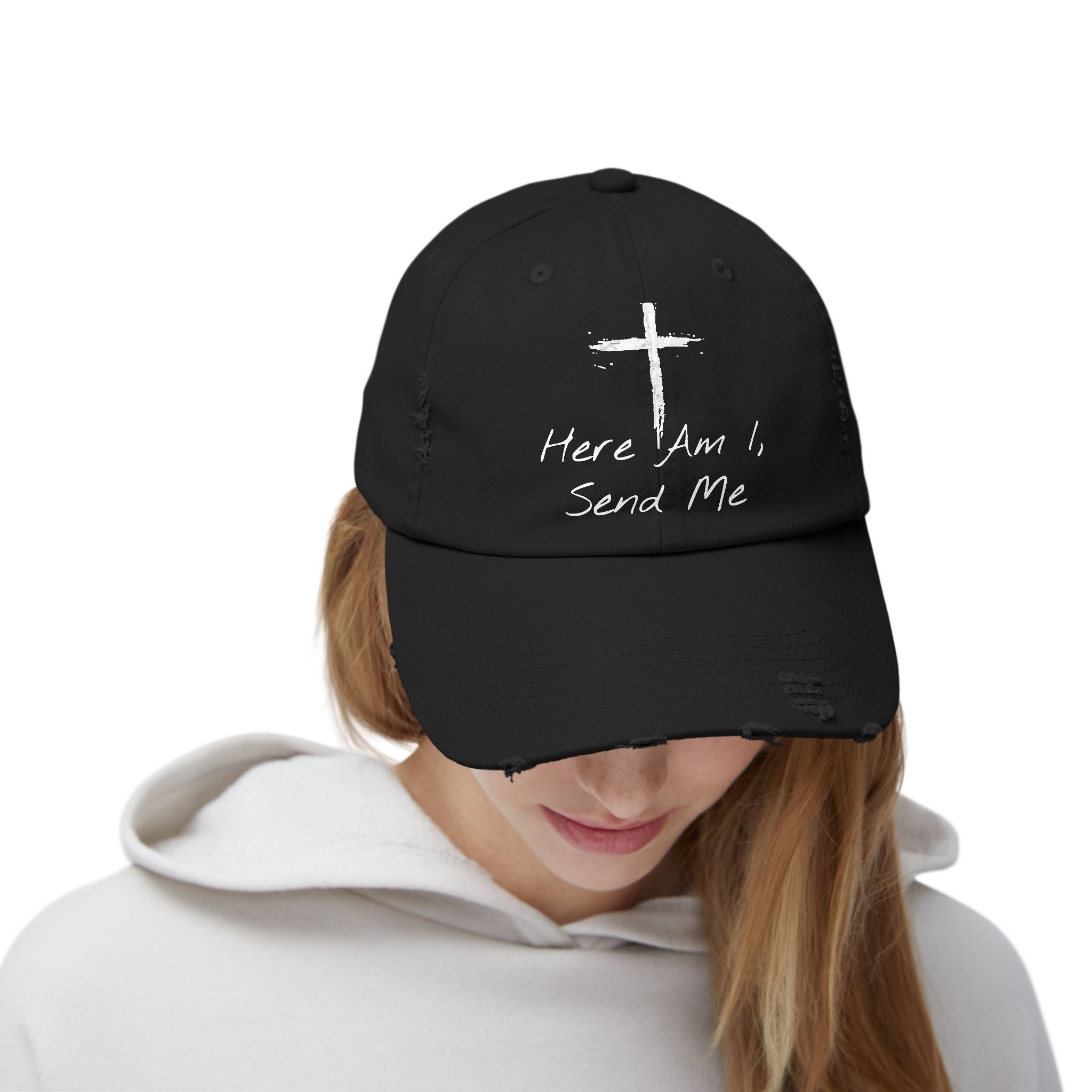 Faith-Themed Unisex Distressed Cap - Here Am I, Send Me Hat, Christian Hat, Casual Style, Inspirational Gift, Everyday Wear