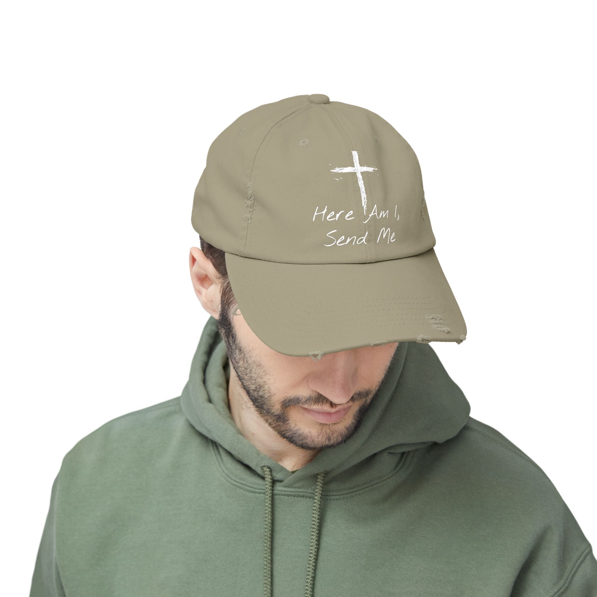 Faith-Themed Unisex Distressed Cap - Here Am I, Send Me Hat, Christian Hat, Casual Style, Inspirational Gift, Everyday Wear