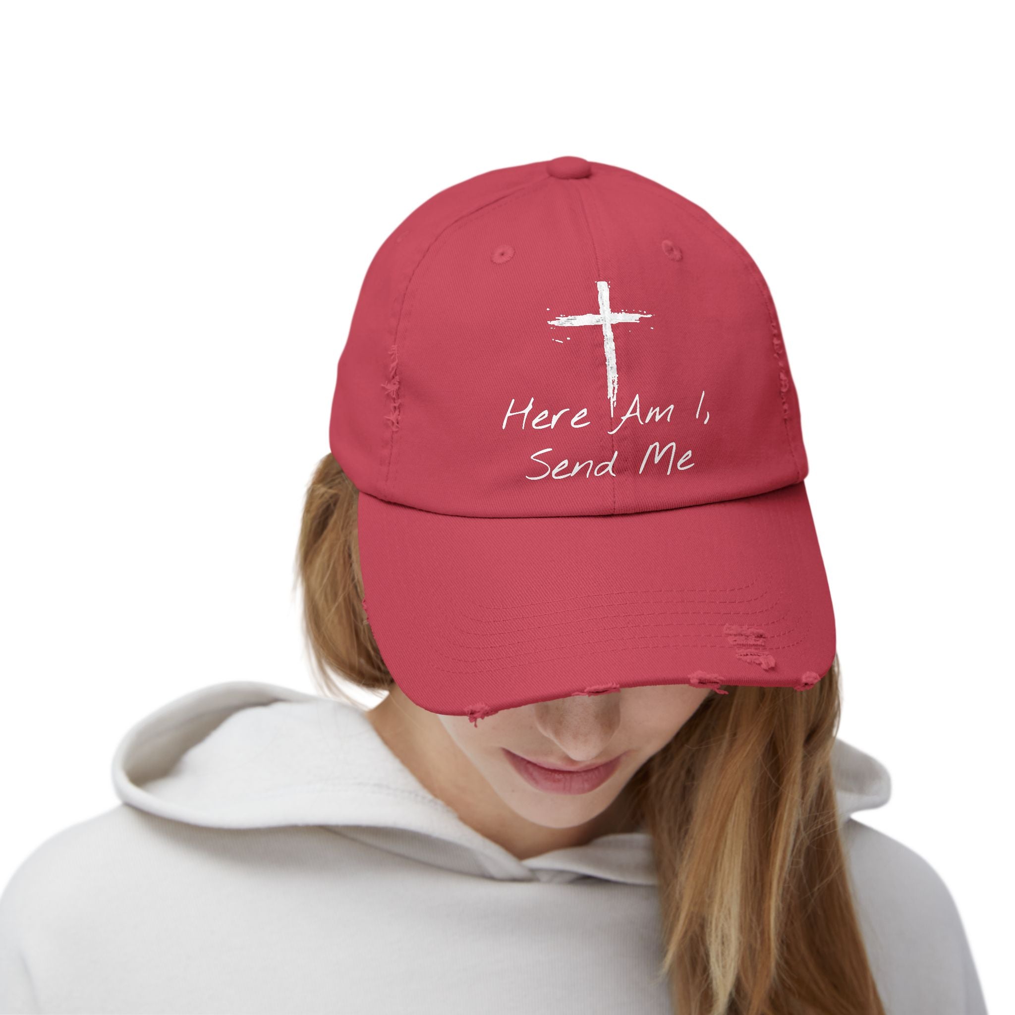 Faith-Themed Unisex Distressed Cap - Here Am I, Send Me Hat, Christian Hat, Casual Style, Inspirational Gift, Everyday Wear