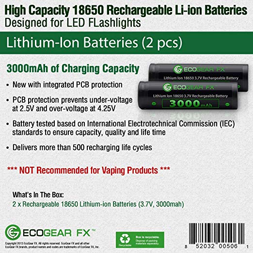 18650 Button-Top Batteries 3000mAh Lithium-ion, with PCB  [2-Pack]