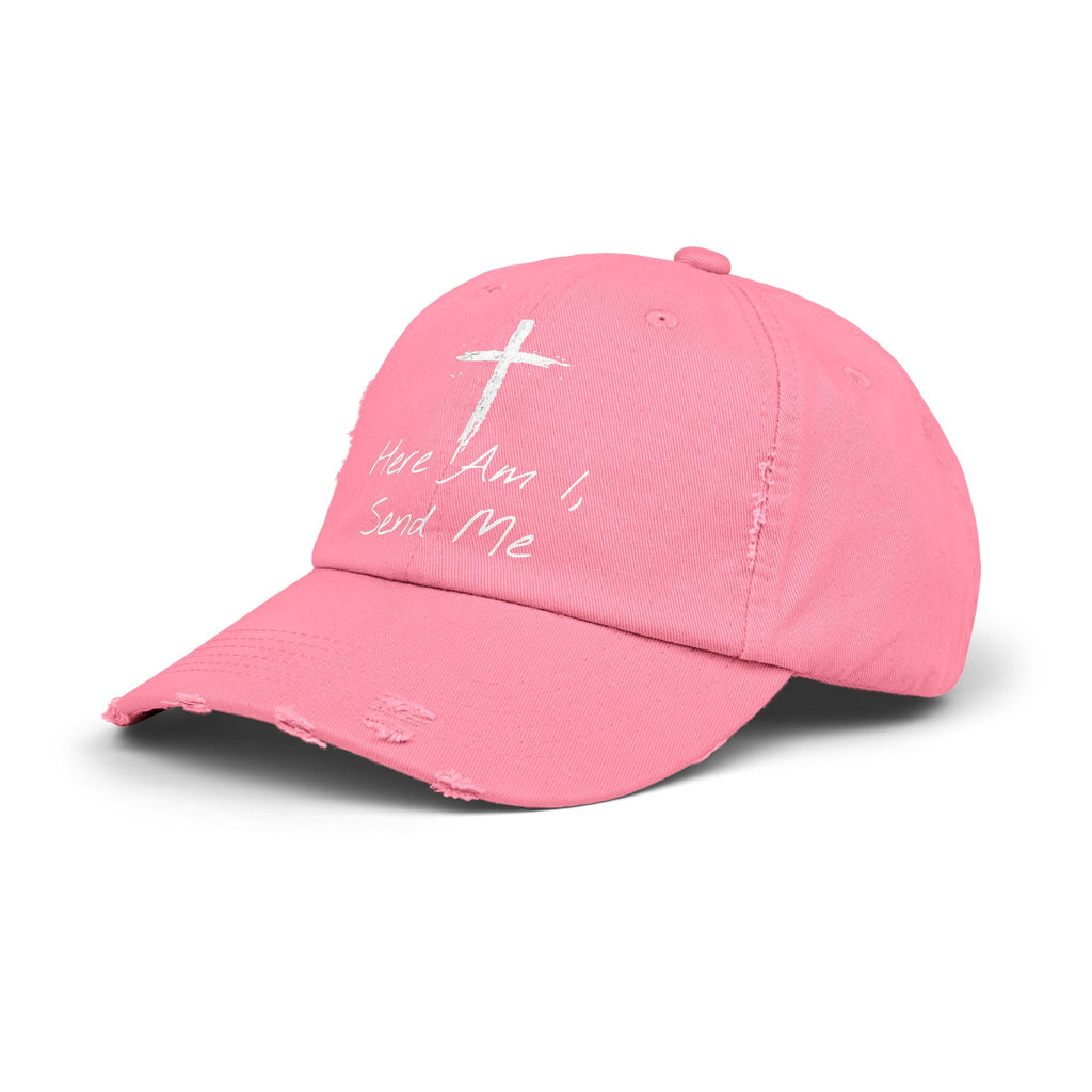 Faith-Themed Unisex Distressed Cap - Here Am I, Send Me Hat, Christian Hat, Casual Style, Inspirational Gift, Everyday Wear