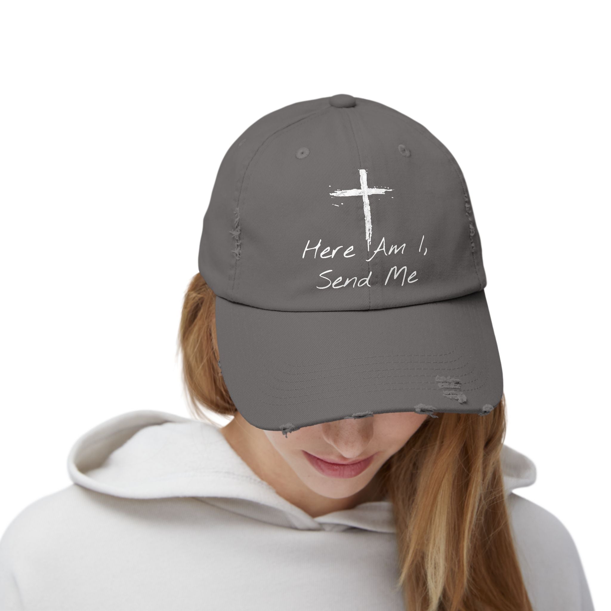 Faith-Themed Unisex Distressed Cap - Here Am I, Send Me Hat, Christian Hat, Casual Style, Inspirational Gift, Everyday Wear
