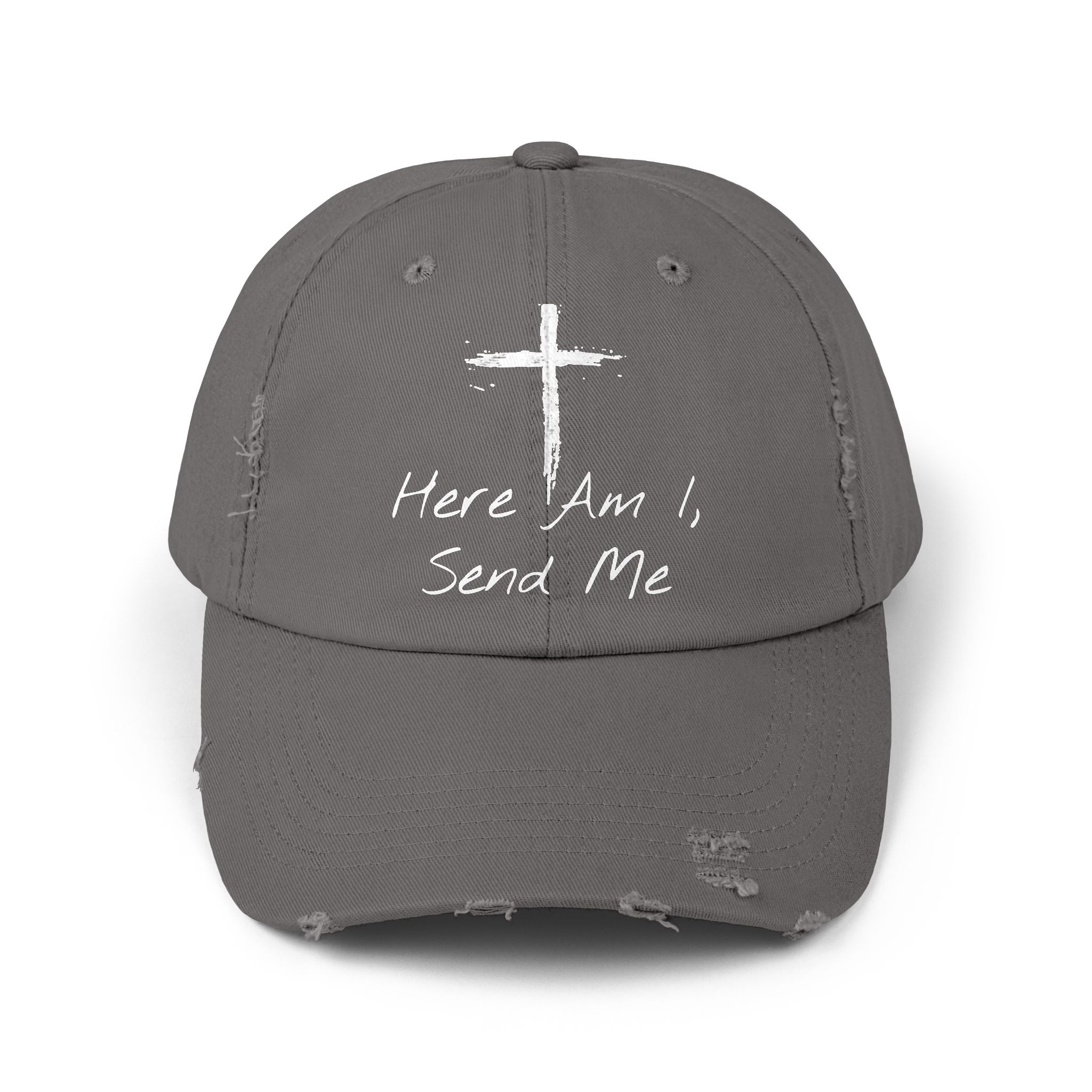 Faith-Themed Unisex Distressed Cap - Here Am I, Send Me Hat, Christian Hat, Casual Style, Inspirational Gift, Everyday Wear