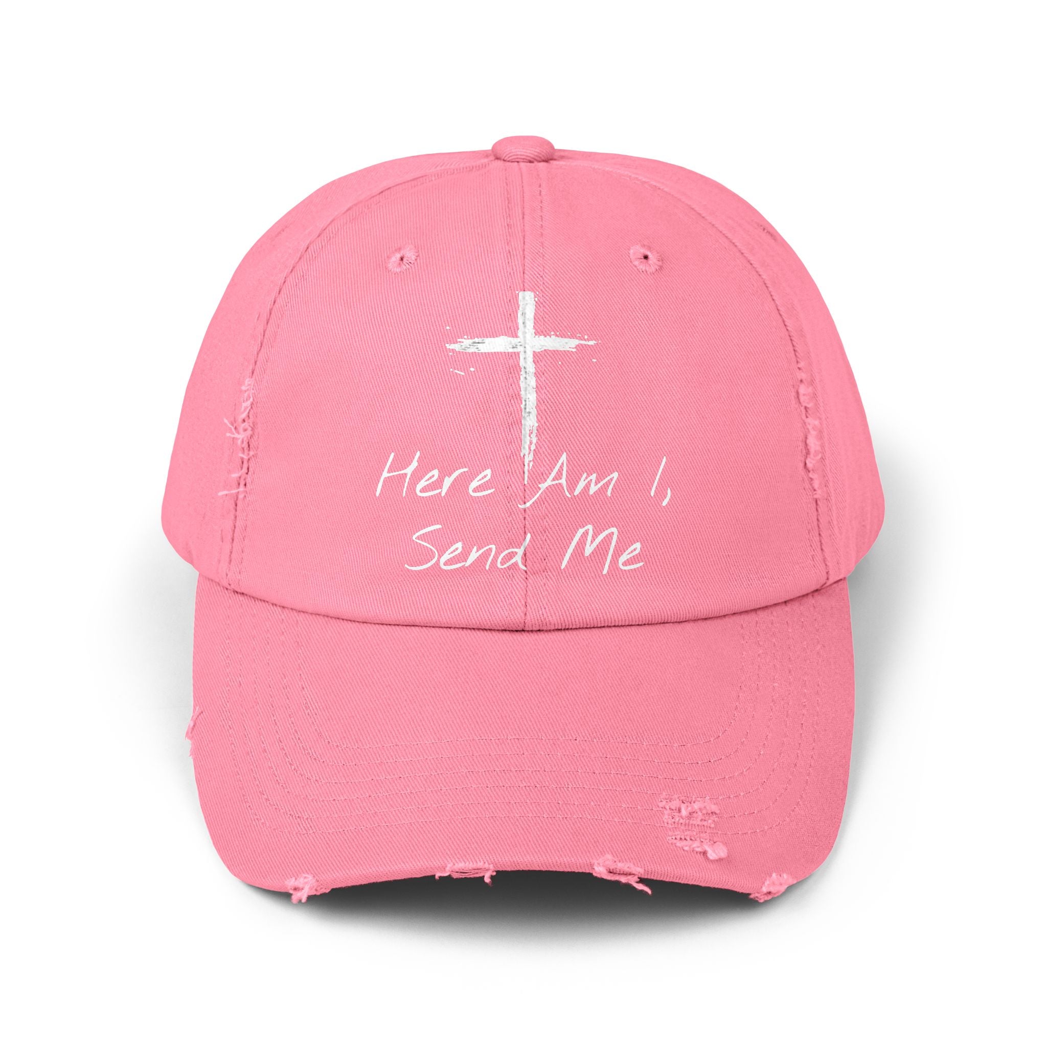 Faith-Themed Unisex Distressed Cap - Here Am I, Send Me Hat, Christian Hat, Casual Style, Inspirational Gift, Everyday Wear