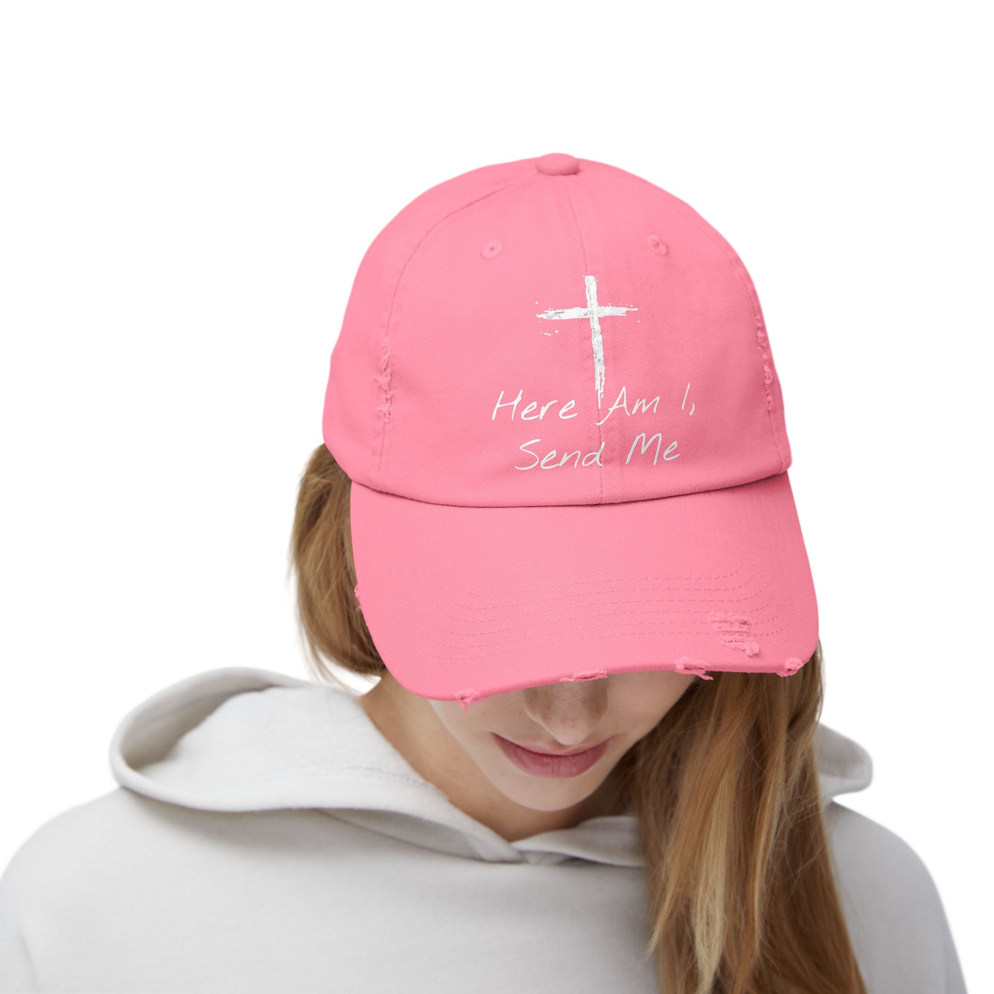 Faith-Themed Unisex Distressed Cap - Here Am I, Send Me Hat, Christian Hat, Casual Style, Inspirational Gift, Everyday Wear