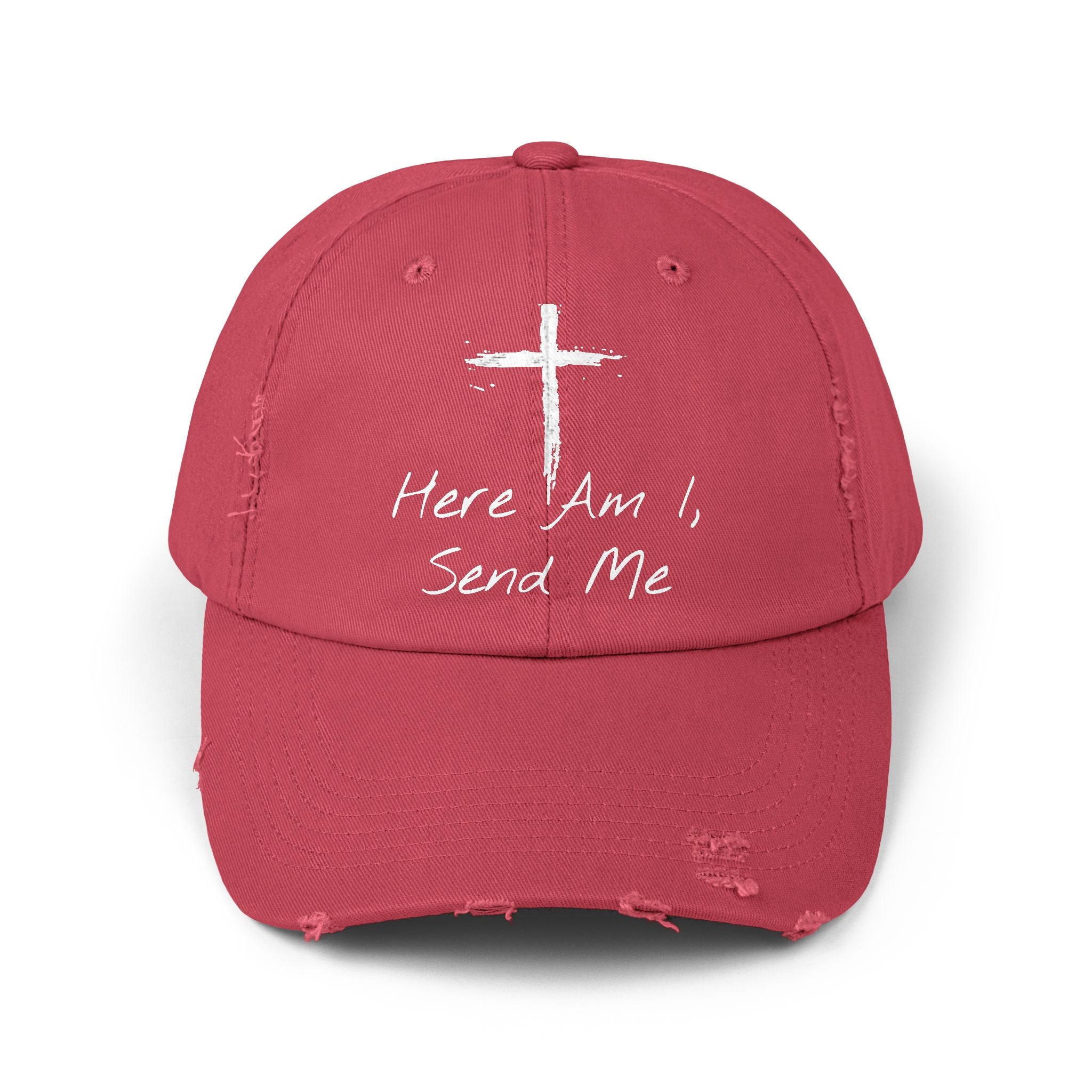 Faith-Themed Unisex Distressed Cap - Here Am I, Send Me Hat, Christian Hat, Casual Style, Inspirational Gift, Everyday Wear