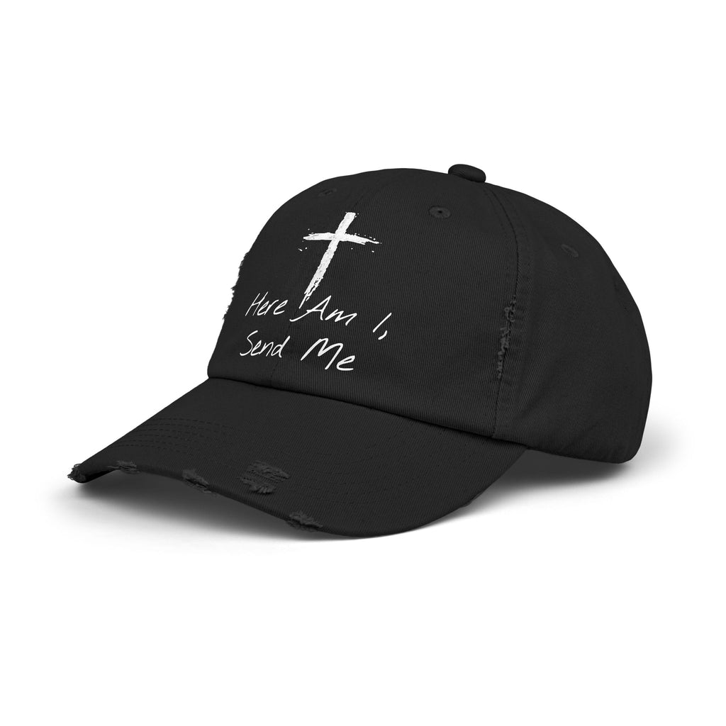 Faith-Themed Unisex Distressed Cap - Here Am I, Send Me Hat, Christian Hat, Casual Style, Inspirational Gift, Everyday Wear