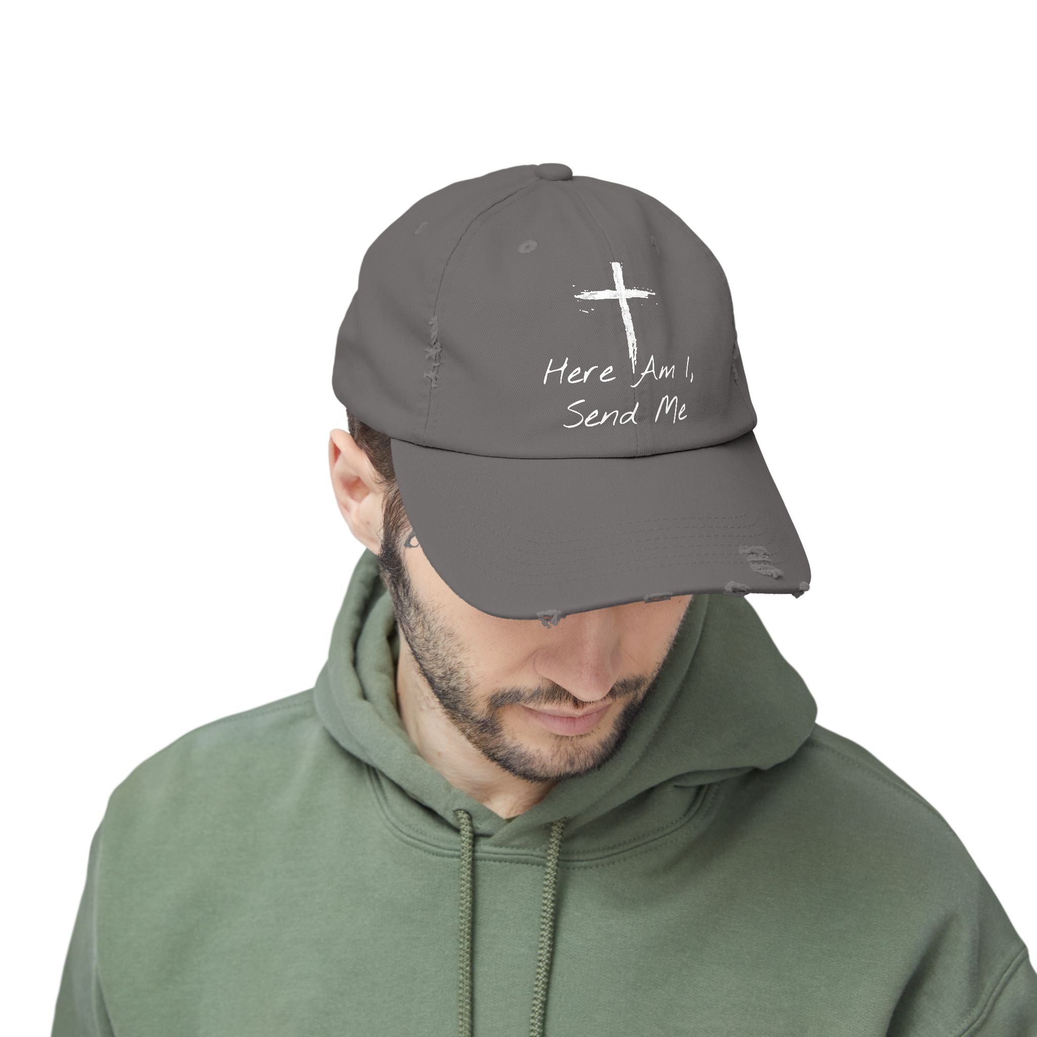 Faith-Themed Unisex Distressed Cap - Here Am I, Send Me Hat, Christian Hat, Casual Style, Inspirational Gift, Everyday Wear