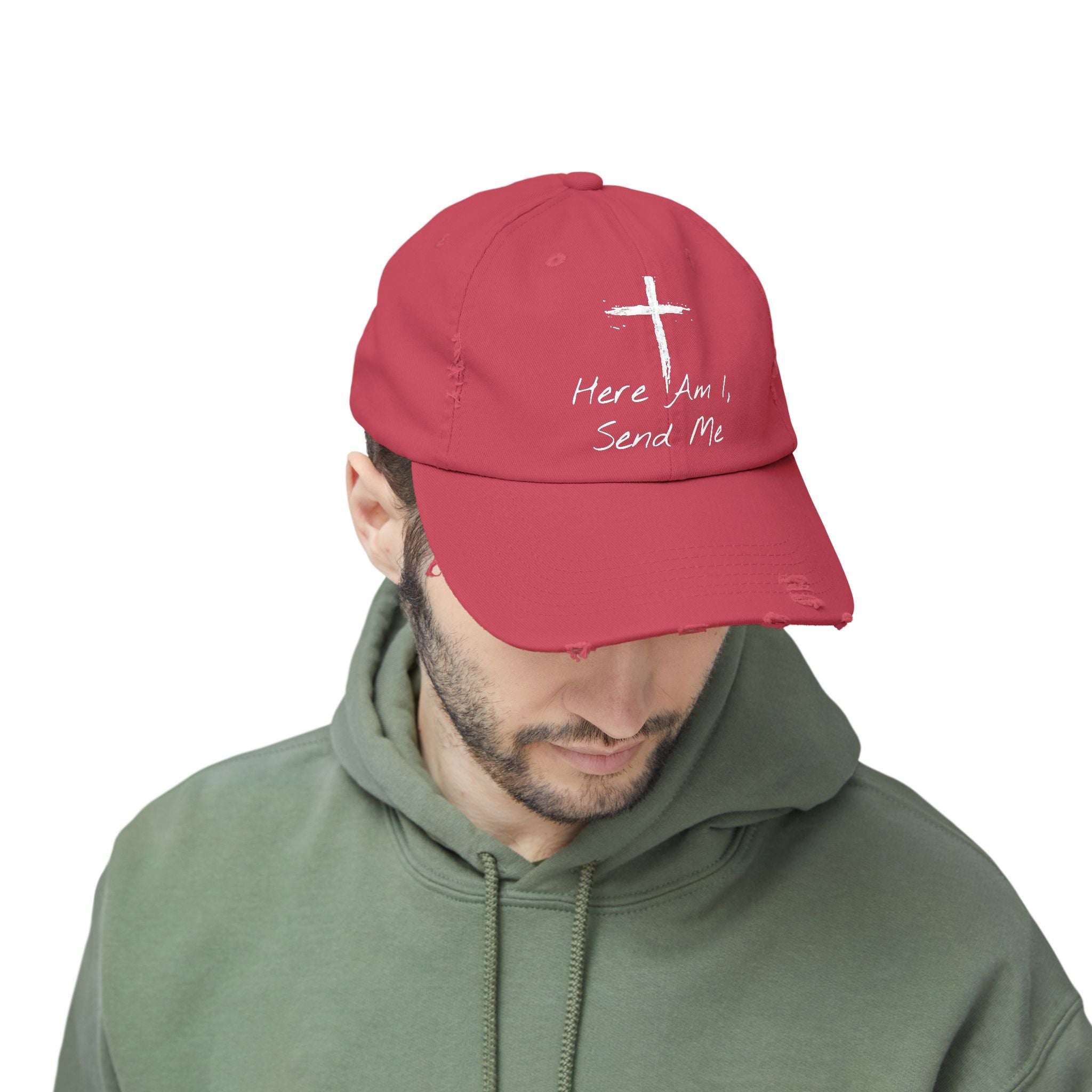 Faith-Themed Unisex Distressed Cap - Here Am I, Send Me Hat, Christian Hat, Casual Style, Inspirational Gift, Everyday Wear