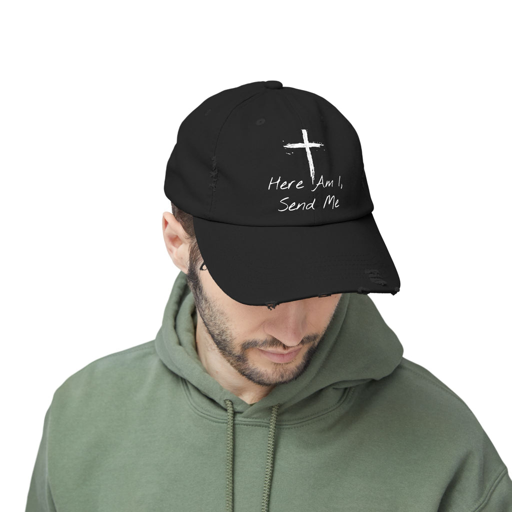 Faith-Themed Unisex Distressed Cap - Here Am I, Send Me Hat, Christian Hat, Casual Style, Inspirational Gift, Everyday Wear