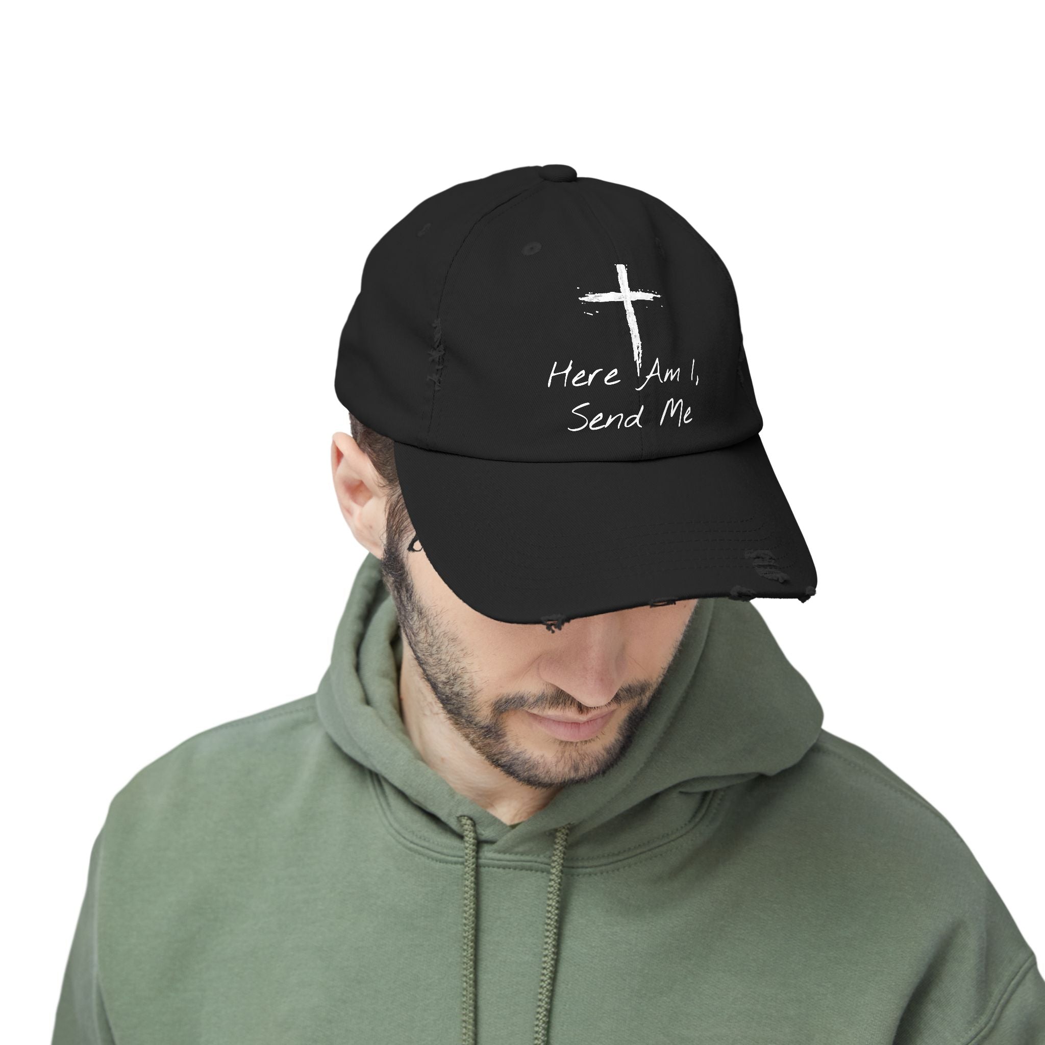 Faith-Themed Unisex Distressed Cap - Here Am I, Send Me Hat, Christian Hat, Casual Style, Inspirational Gift, Everyday Wear