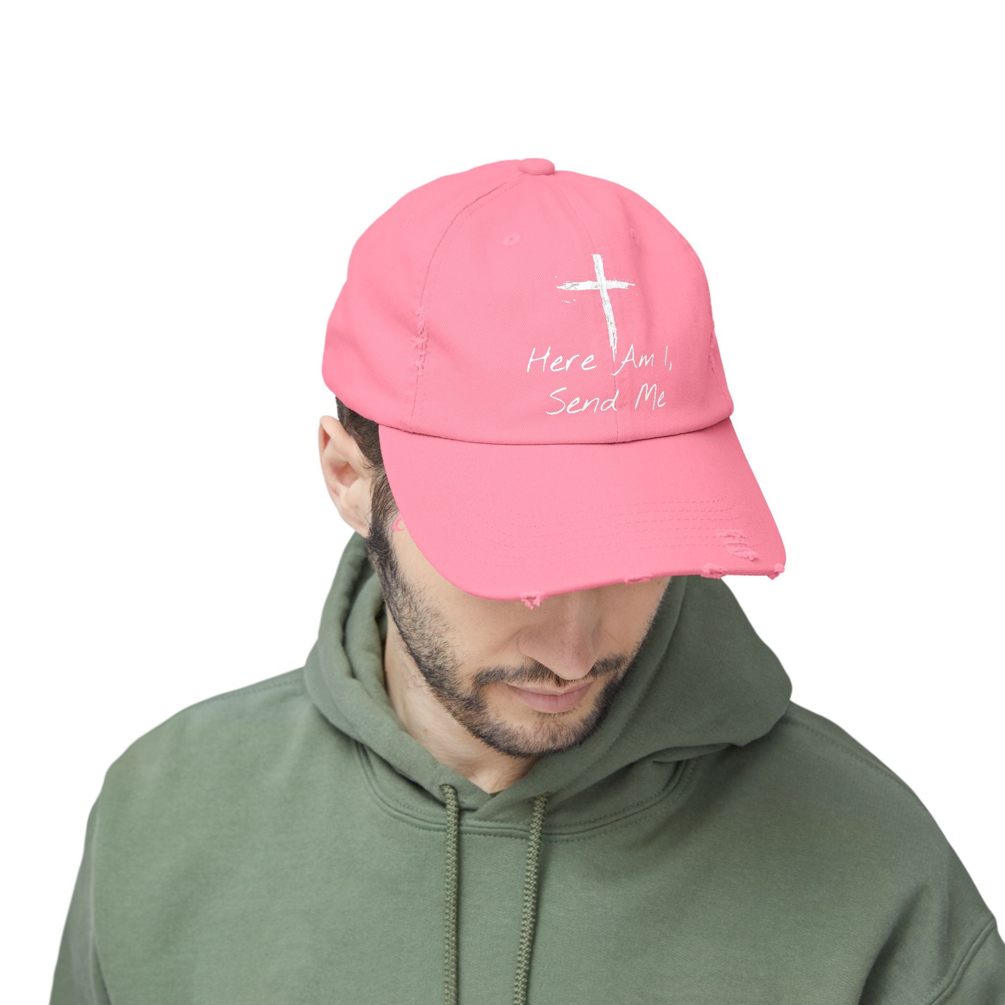 Faith-Themed Unisex Distressed Cap - Here Am I, Send Me Hat, Christian Hat, Casual Style, Inspirational Gift, Everyday Wear