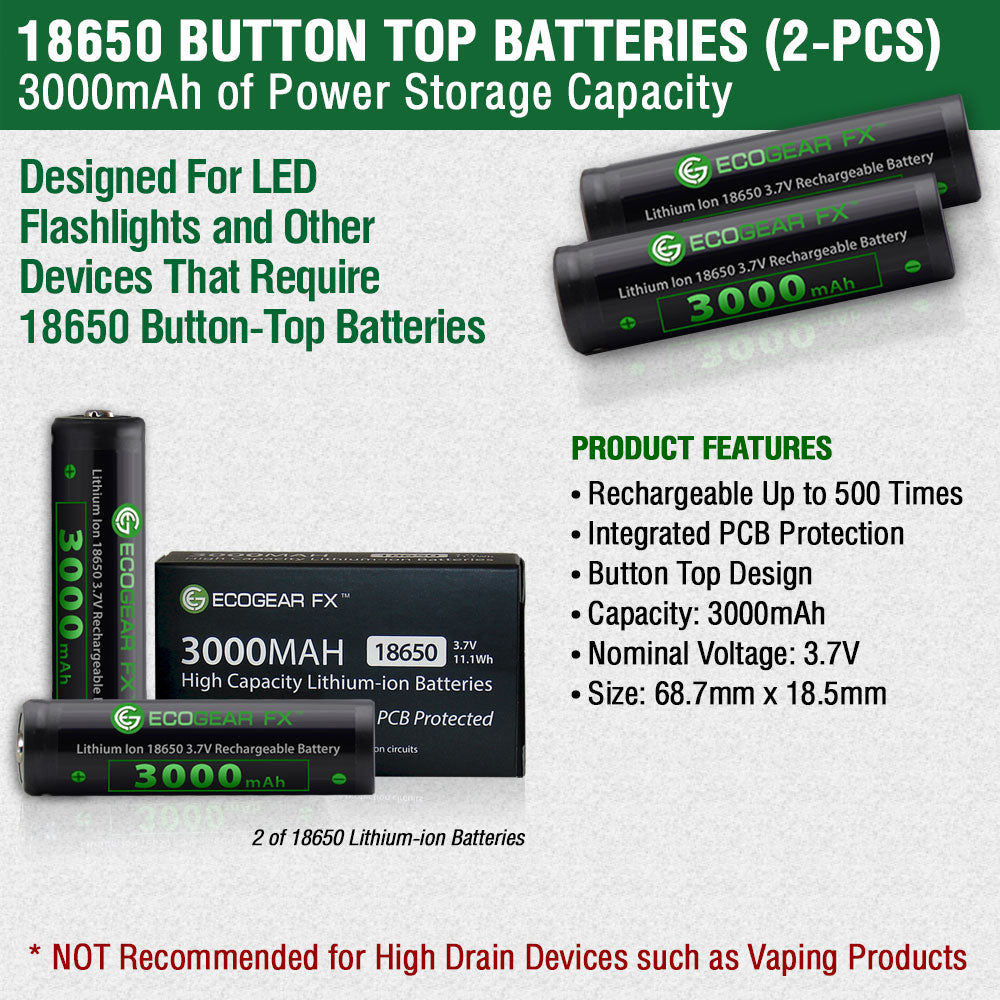 18650 Button Top Batteries with Charger & Storage Case